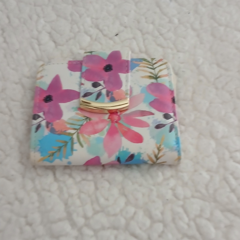Floral Foldover Wallet in White with Pink & Aqua Flowers
